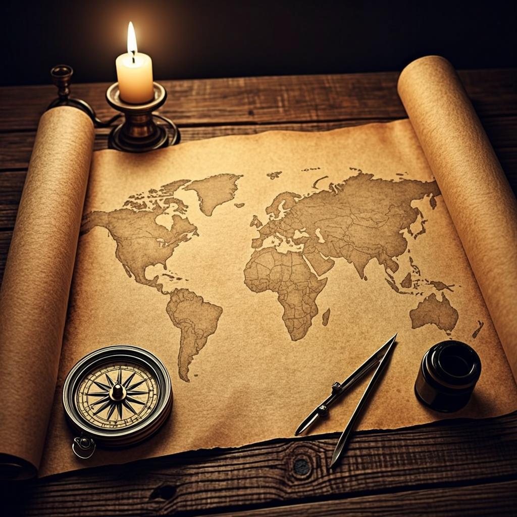 An open parchment world map with a compass, dividers and an ink pot — the long history of map-making.