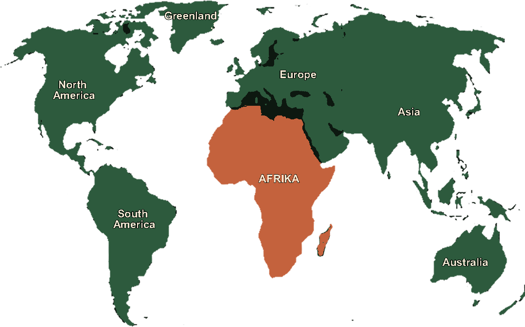 The same world on a flat equal-area projection: straight vertical meridians, straight horizontal parallels, a rectangle the same shape as the Mercator map beside it, and every country at its true relative area with no gaps between them. Africa is large; Greenland is a fraction of the size Mercator gave it.
