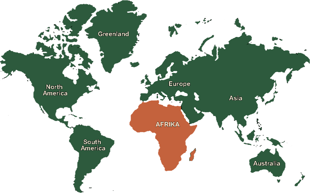 The Mercator map with every country drawn twice: a pale outline at the size Mercator gives it, and a solid shape at the area it really covers, anchored in the same place. Greenland's true shape is a small sliver inside an enormous outline, while Africa's solid shape almost fills its own outline.